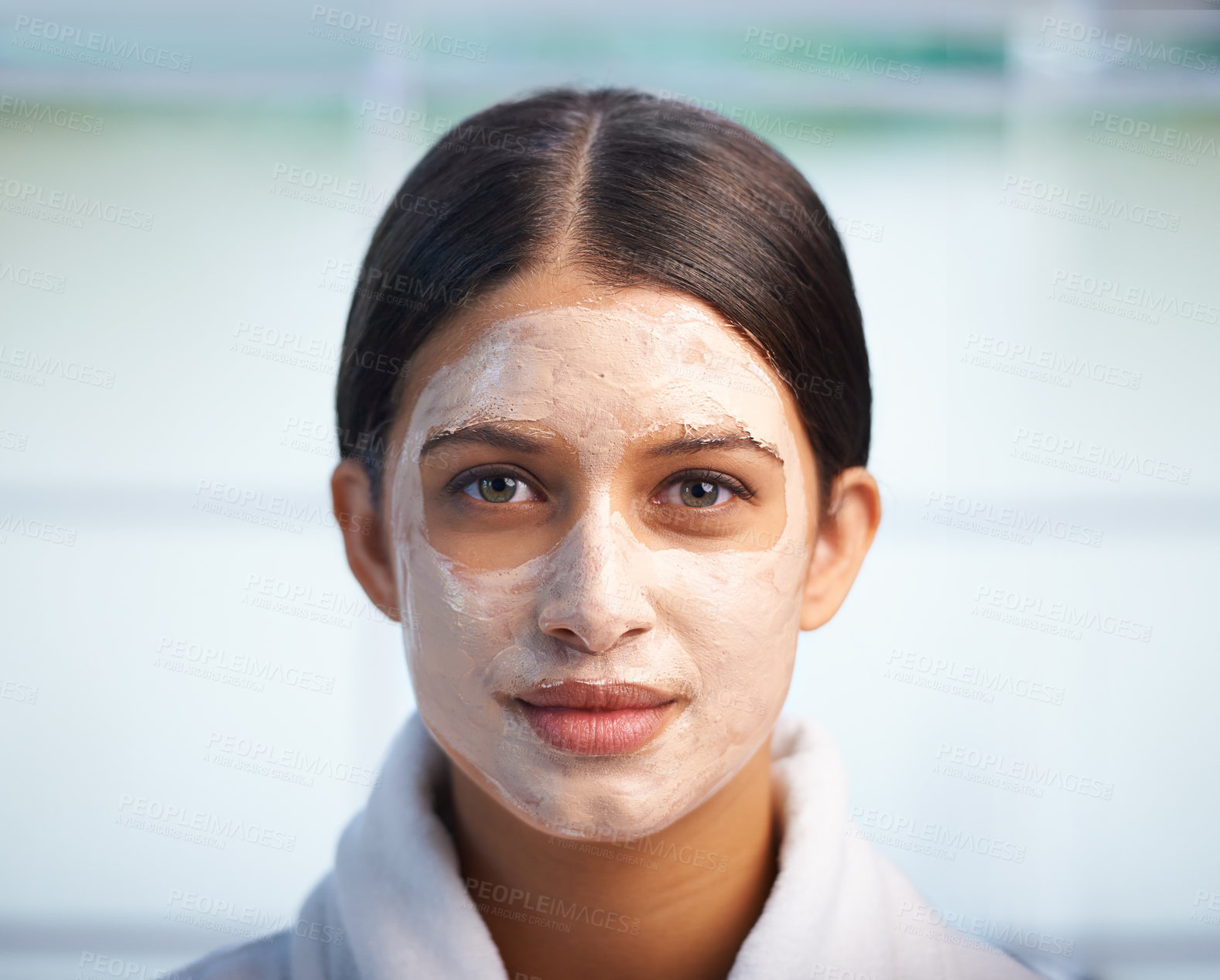 Buy stock photo Skincare, portrait and woman with face mask in bathroom for wellness, treatment or cosmetics. Facial, cleaning and female person relax with beauty, product or exfoliate, dermatology and diy spa scrub