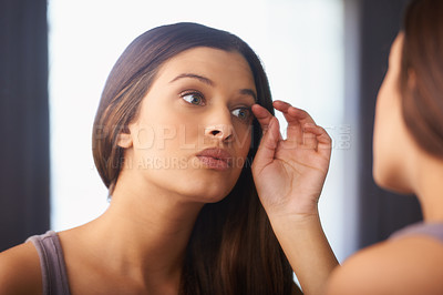 Buy stock photo Woman, eye and mirror with reflection for contact lens, application and clear vision in bedroom. Beauty, wellness and cosmetics at home with eyecare for sight correction, optometry and daily routine