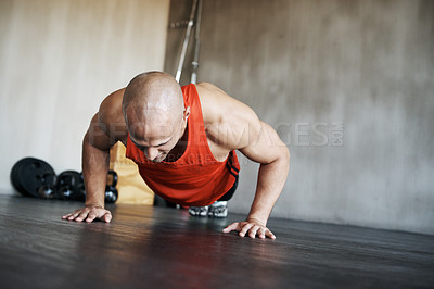 Buy stock photo Workout, strength and man doing push up for exercise, health commitment and training for muscle building growth. Fitness concentration, gym and strong male athlete doing floor endurance challenge 