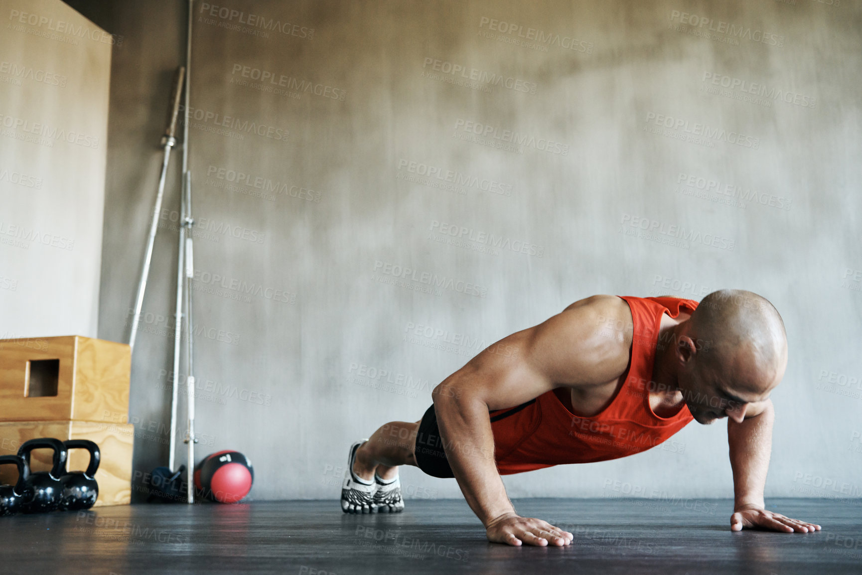 Buy stock photo Workout, muscular and man doing gym studio push up for exercise, health performance and sports training for muscle building. Bodybuilding routine, determination or strong person doing floor pushup
