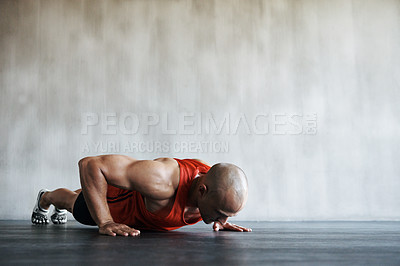 Buy stock photo Fitness workout, mock up and man doing push up for exercise, health motivation or sports training for bodybuilding. Endurance challenge, gym commitment or exercising person doing floor pushup