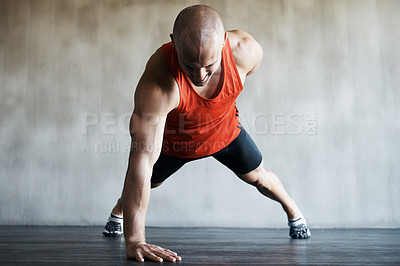 Buy stock photo Fitness, strong man and one arm push up for gym studio exercise, bodybuilder workout or sports training. Endurance challenge, muscle building or active male athlete doing floor pushup for health goal
