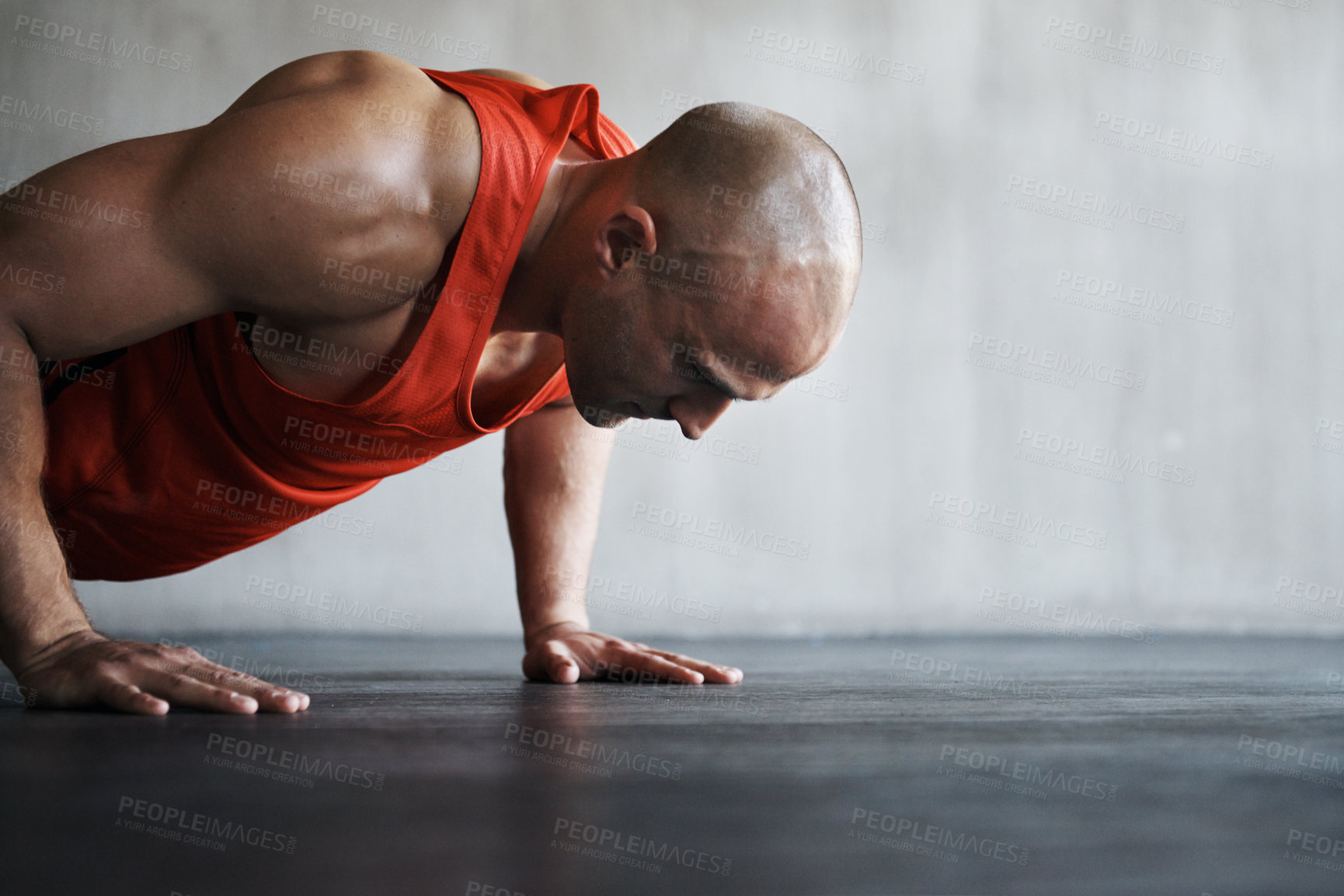 Buy stock photo Workout, endurance focus and man doing push up for strength exercise, gym commitment and muscle power endurance. Fitness mockup, motivation and person concentrate on training, exercising or practice