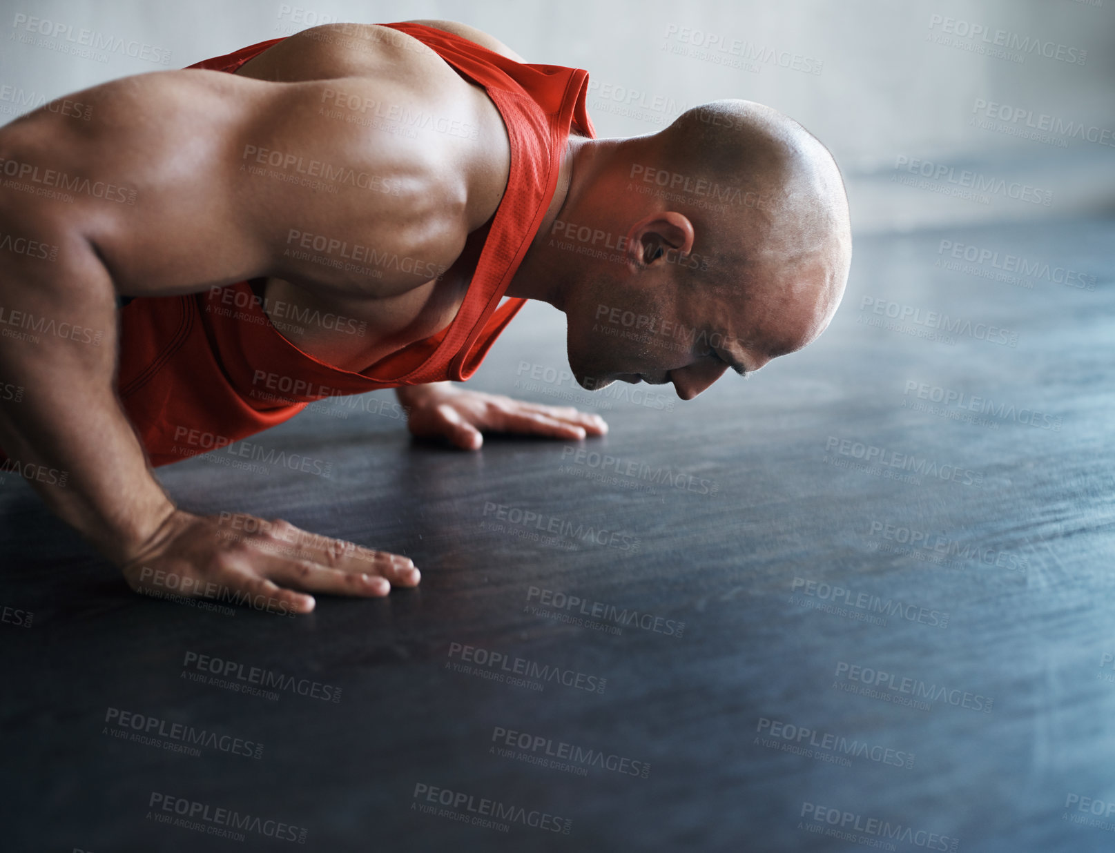 Buy stock photo Strong, muscle and man doing floor push up for sports endurance, determination or body fitness commitment. Bodybuilder profile, health mindset or active person workout, bodybuilding or floor exercise