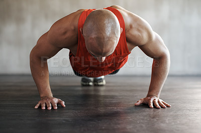 Buy stock photo Muscle growth, strong man and floor push up for athlete fitness lifestyle, studio challenge or health goals commitment. Strength, muscular or active person workout, bodybuilding or exercise on ground
