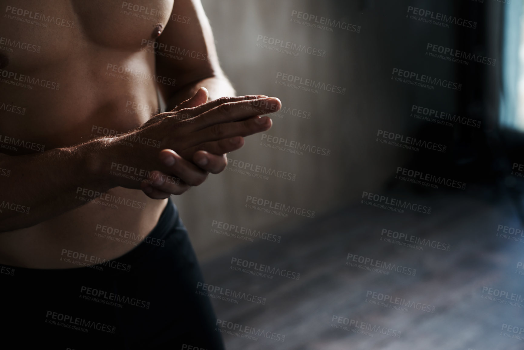 Buy stock photo Training, gym motivation hands of man ready for mockup performance challenge, athlete commitment or bodybuilding. Fitness mock up, health mindset and determined person prepare for exercise workout
