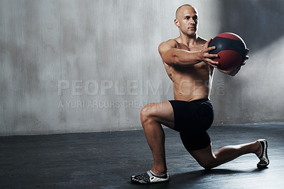 Buy stock photo Medicine ball, gym or serious man focus on fitness workout for body health, core muscle building and strength performance. Determination, training motivation or mockup person with exercise equipment