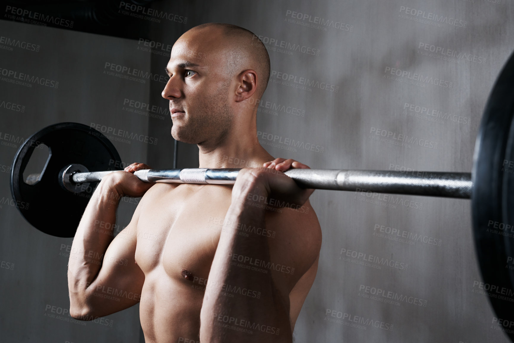 Buy stock photo Fitness, man and weightlifting with barbell for bodybuilding, training or arm workout at the gym. Fit, active and strong muscular male lifting heavy weight for intense strength, exercise or power