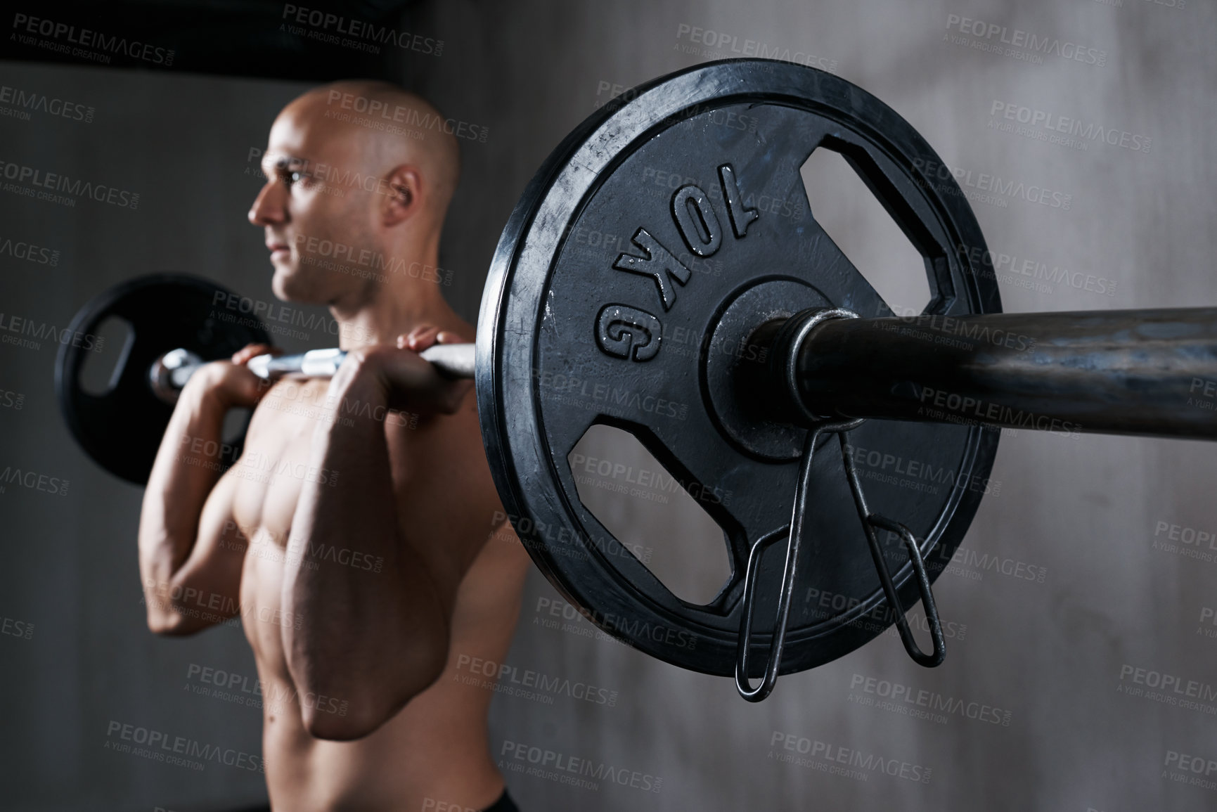 Buy stock photo Fitness, man and weightlifting with barbell for training, bodybuilding or arm workout at the gym. Fit, active or strong muscular bodybuilder male lifting weight for intense strength or power exercise