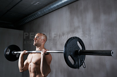 Buy stock photo Fitness, man and weightlifting with barbell for exercise, bodybuilding or arm workout at the gym. Fit, active or strong muscular bodybuilder male lifting weight for intense strength or power indoors
