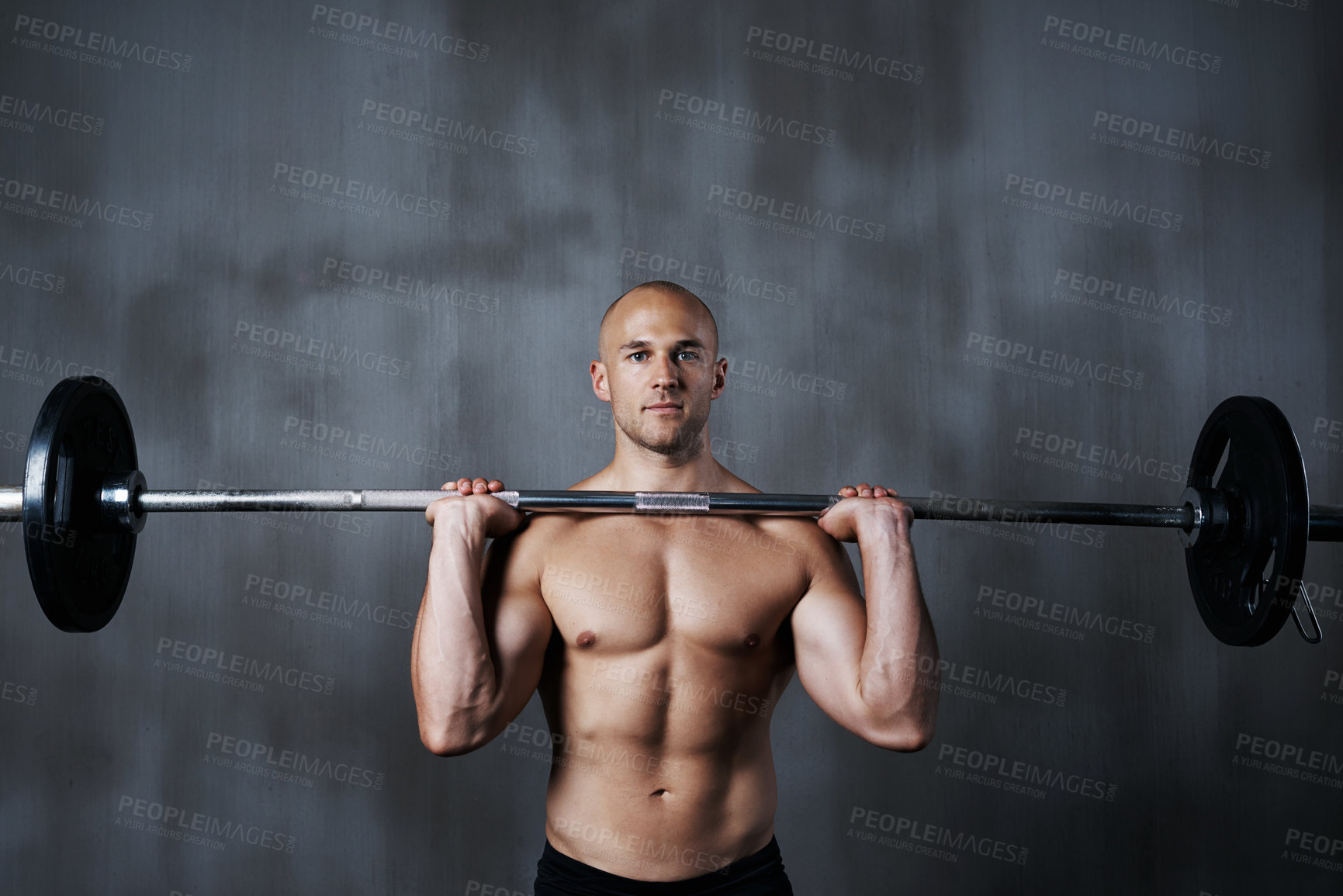Buy stock photo Fitness, portrait man and weightlifting with barbell for bodybuilding, exercise or arm workout at gym. Fit, active or strong muscular bodybuilder male lifting weight for intense strength or training
