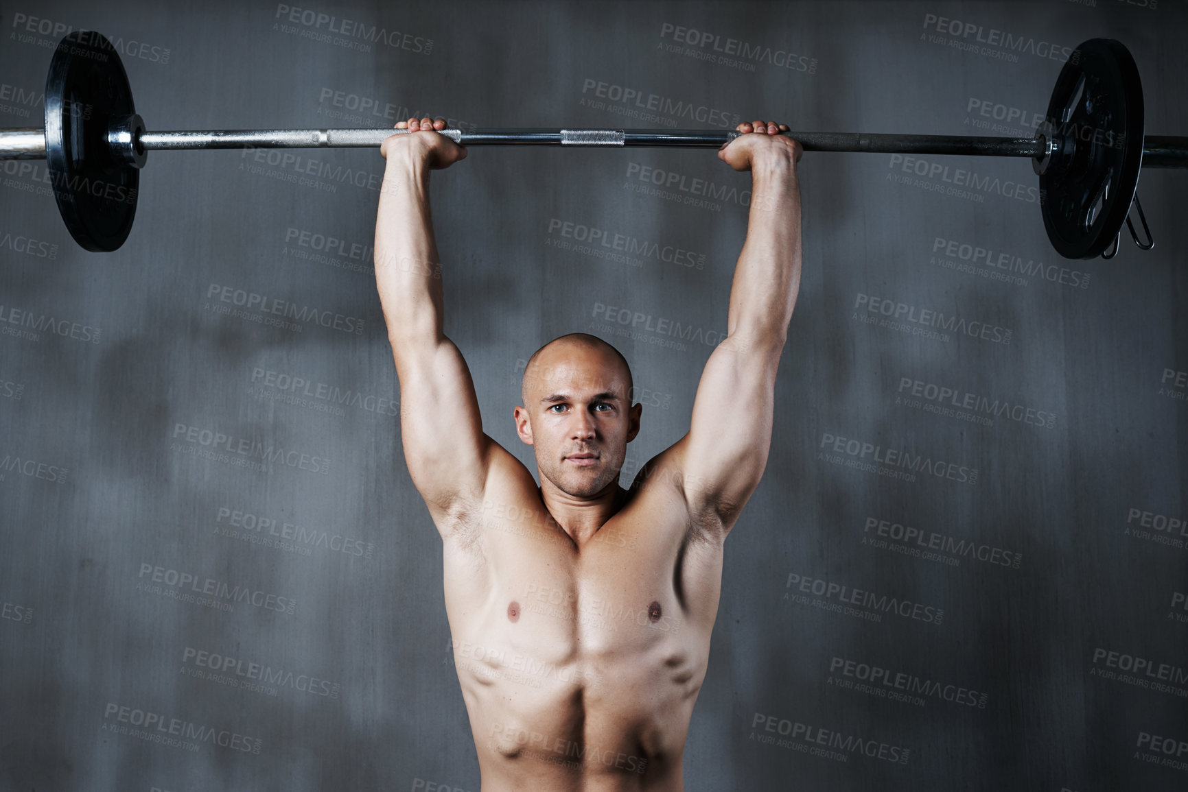 Buy stock photo Fitness, portrait man and weightlifting with barbell for arm workout, bodybuilding or exercise at gym. Fit, active and strong muscular bodybuilder male lifting weight for intense strength or training