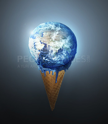 Buy stock photo Earth ice cream, cone and globe with climate change, melting and international disaster. Sphere animation, dessert and gelato overlay for sustainability, global warming and clouds for blue planet
