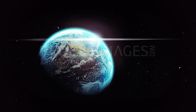 Buy stock photo Earth, world or planet in dark space for astronomy study, science and light in universe. 3d global sphere, sunrise and shine in sky with atmosphere, globe and stars in solar system, galaxy and cosmos