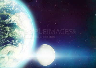 Buy stock photo Earth, space and moon rotate in dark for astronomy study, science and light in universe. 3d sphere, sunrise and shine in sky with copyspace for mockup, ocean and glow in solar system, world or cosmos