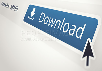 Buy stock photo Internet, download and cursor icon to click option for file sharing on screen with white background. Computer, cybersecurity and information technology with symbol on display for cloud computing