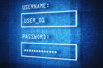 Buy stock photo Cybersecurity, password or login information on a screen for access to an online technology database. Computer, safe or secure and user interface with autofill saved data in a bar for cloud computing