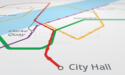 Buy stock photo Gps, map and navigation for travel or location with roadmap lines, dots or city hall pin on street. Abstract, background and technology or system to search place, route or destination in Singapore