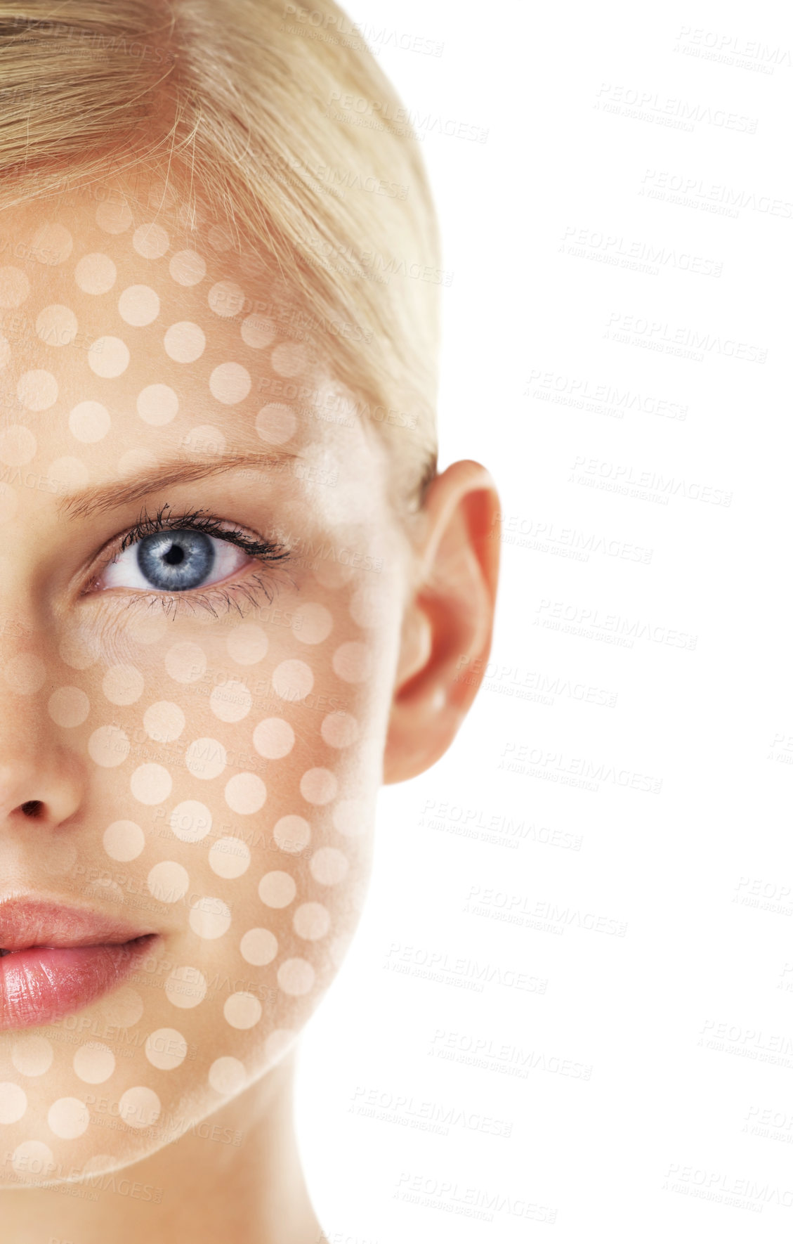 Buy stock photo Conceptual studio portrait of a young woman with a dot matrix overlay on her face