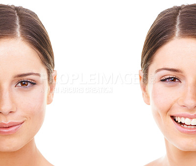 Buy stock photo Studio portrait of two halves of a beautiful young woman's face isolated on white