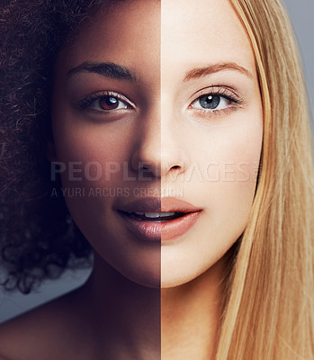 Buy stock photo Conceptual portrait of the combined face of an african american woman and a caucasian woman
