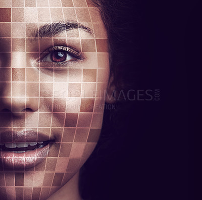 Buy stock photo Concept portrait of a young woman with a grid overlay on her face