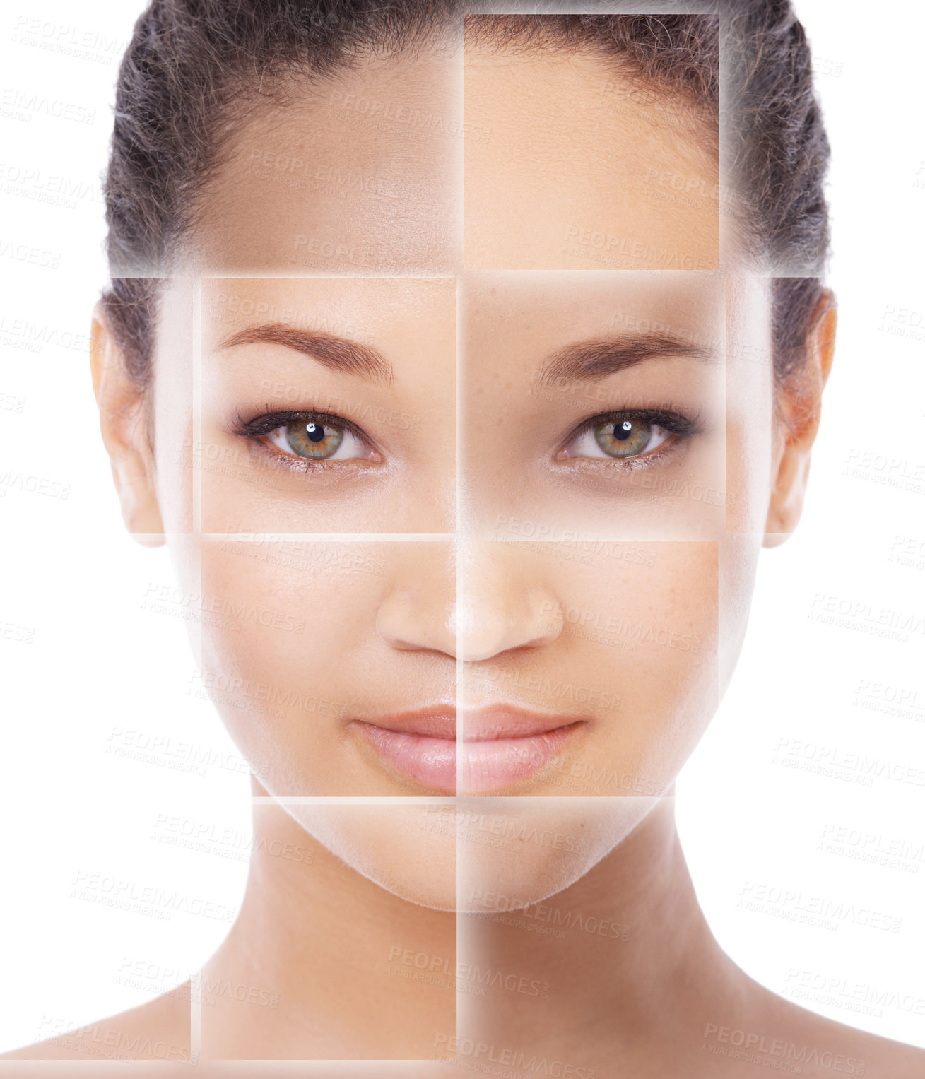 Buy stock photo Closeup concept portrait of a beautiful young woman  with a grid pattern layered over her face
