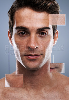 Buy stock photo Closeup studio portrait of a handsome young man with closeup shots of his skin around him