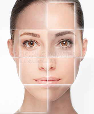 Buy stock photo Closeup concept portrait of a beautiful young woman  with a grid pattern layered over her face