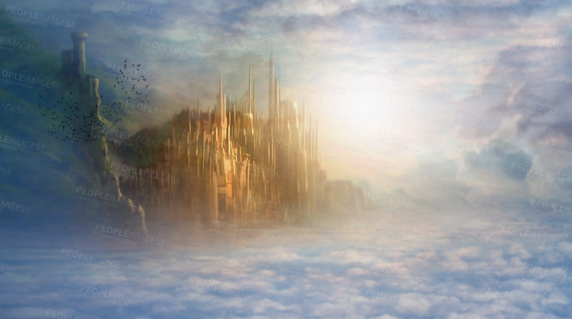 Buy stock photo Heaven, clouds and castle with light for fantasy, creative imagination and eternity with birds, sky and sunlight. Mystical, mansion and architecture for holy paradise, religion and spiritual palace 