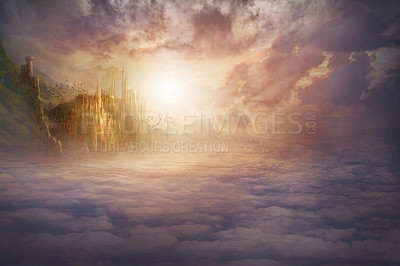 Buy stock photo Heaven, sky and castle with light for fantasy, creative imagination and eternity with birds, clouds and sunlight. Mystical, mansion and architecture for holy paradise, religion and spiritual palace 