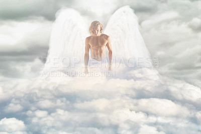 Buy stock photo Shot of a masculine angel walking through the heavens