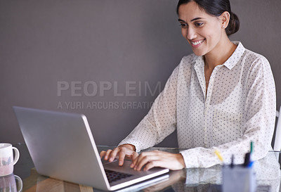 Buy stock photo Woman, laptop and smile for blog, internet and online career with technology. Blogger, tech and startup with browsing, writing and web for connectivity and happiness with entrepreneur and website