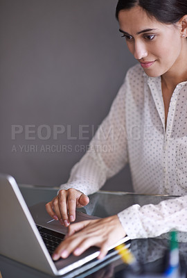 Buy stock photo Woman, laptop and creative for blog, website and online career with technology. Blogger, tech and startup with browsing, writing and web for connectivity and happiness with entrepreneur and internet