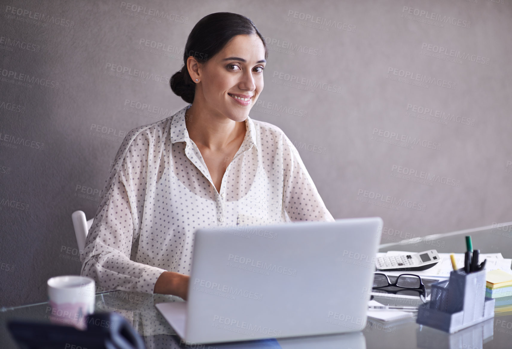 Buy stock photo Woman, laptop and smile for job, website and online career with technology. Accountant, tech or startup with browsing, computer and web for connectivity and remote work with entrepreneur and internet