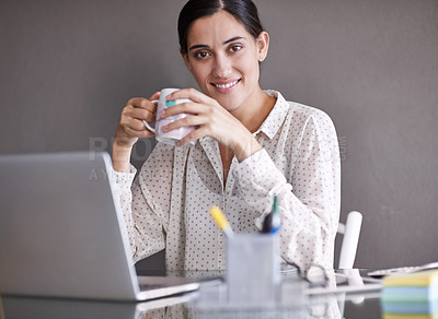 Buy stock photo Woman, laptop and smile for portrait, website and online career with technology. Writer, tech and startup with browsing, writing and web for connectivity and happiness with entrepreneur and internet