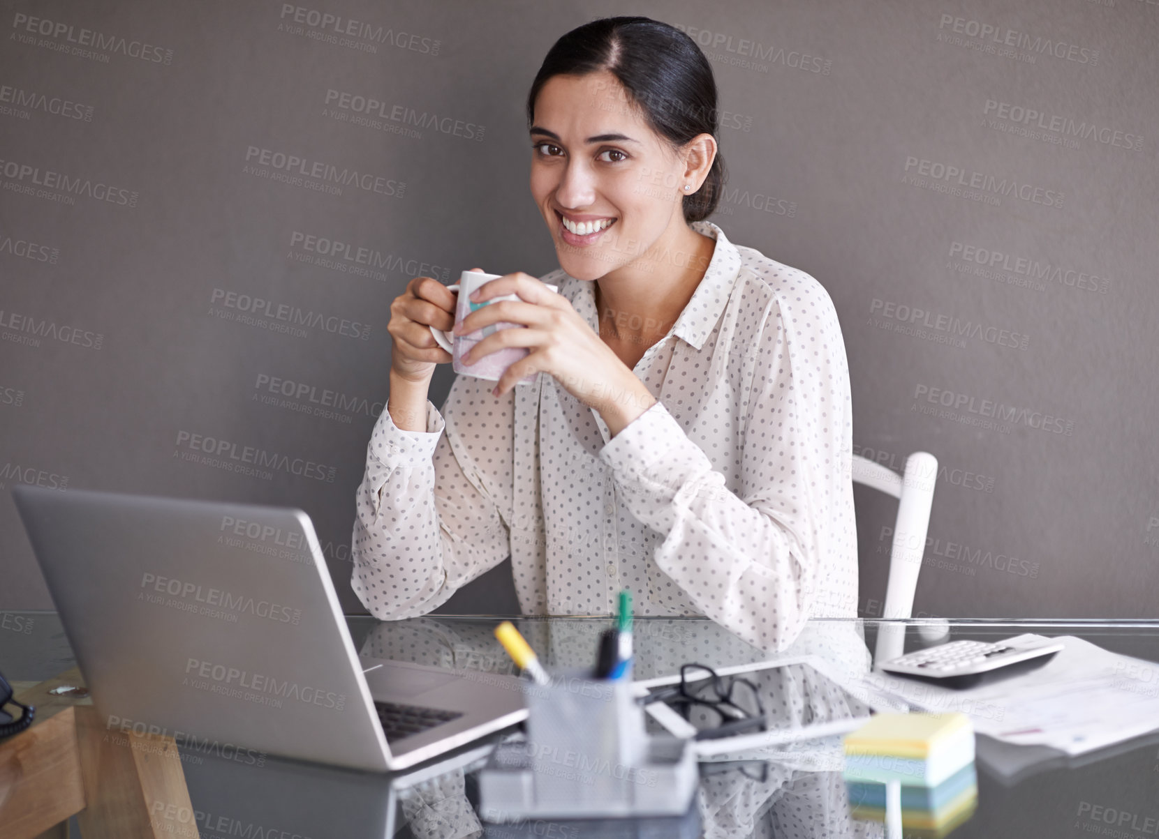 Buy stock photo Woman, laptop and smile for portrait, coffee and online career with technology. Accountant, tech and startup with website, remote work and web for connectivity and happiness with entrepreneur