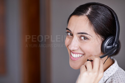 Buy stock photo Business, woman and portrait with headset for call center or customer service or assistance with crm. Female telephone operator, agent and closeup with microphone for telecommunication career