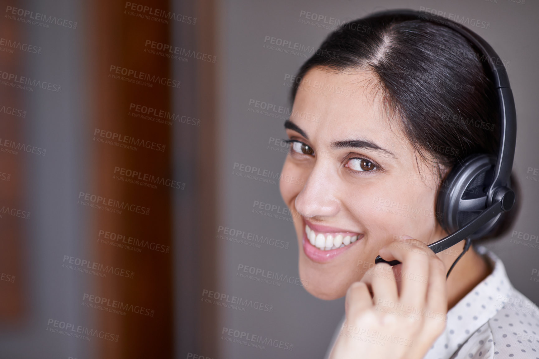 Buy stock photo Business, woman and portrait with headset for call center or customer service or assistance with crm. Female telephone operator, agent and closeup with microphone for telecommunication career