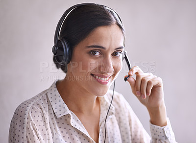 Buy stock photo Business, woman and portrait with headset for consulting for customer service or assistance with crm. Female telephone operator, agent and representative with microphone for telecommunication career