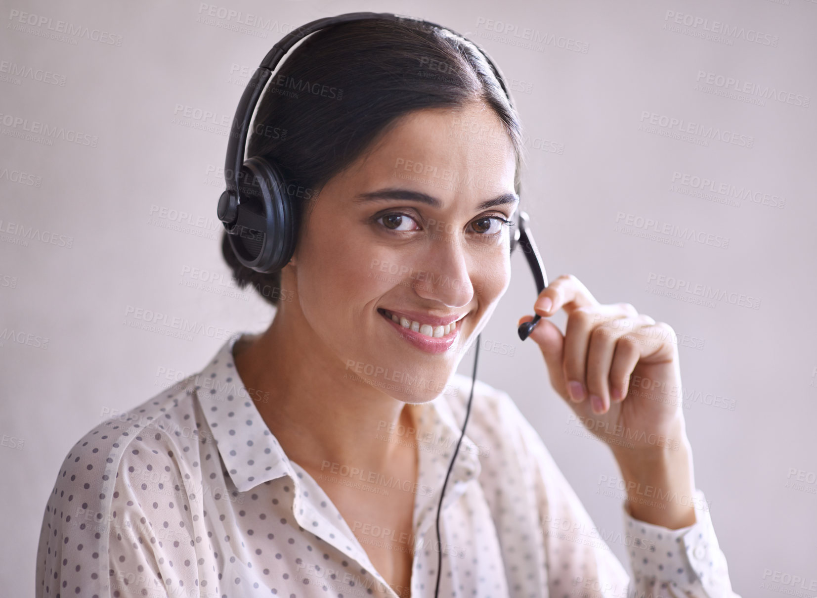 Buy stock photo Business, woman and portrait with headset for consulting for customer service or assistance with crm. Female telephone operator, agent and representative with microphone for telecommunication career