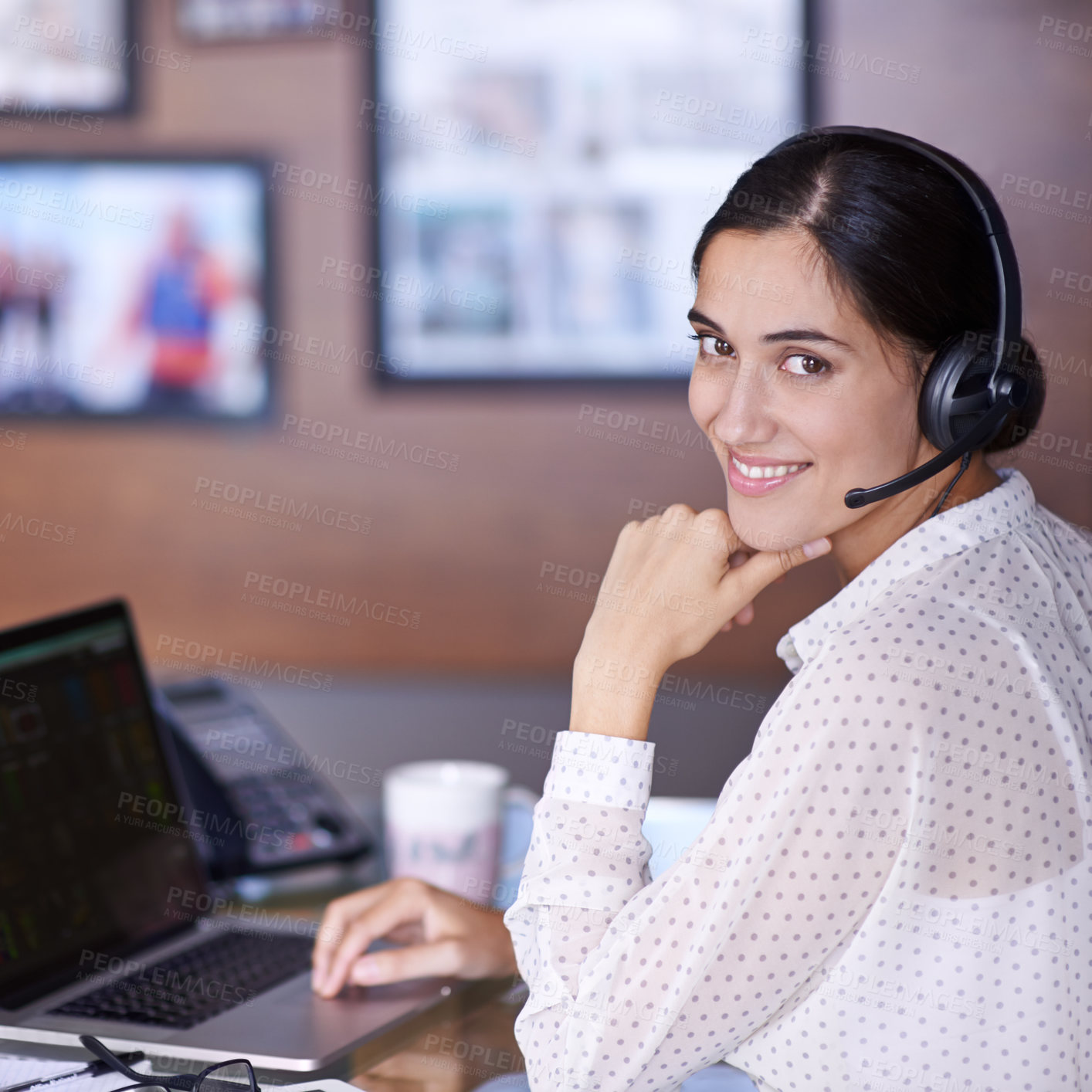 Buy stock photo Call center, woman and portrait with headset in office for consulting or customer service or assistance with crm. Female advisor, agent and representative with microphone for telecommunication career