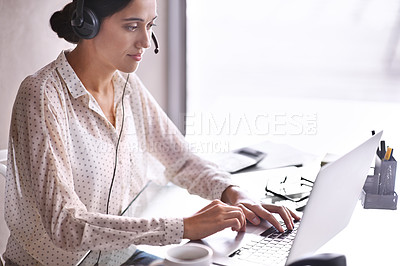 Buy stock photo Business, woman and office with headset for consulting for customer service or assistance with crm. Female telephone operator, agent and representative with microphone for telecommunication career