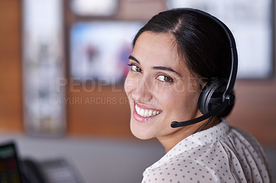 Buy stock photo Call center, woman and portrait with headset for consulting for customer service or assistance with crm. Female operator, advisor and representative with microphone for telecommunication career