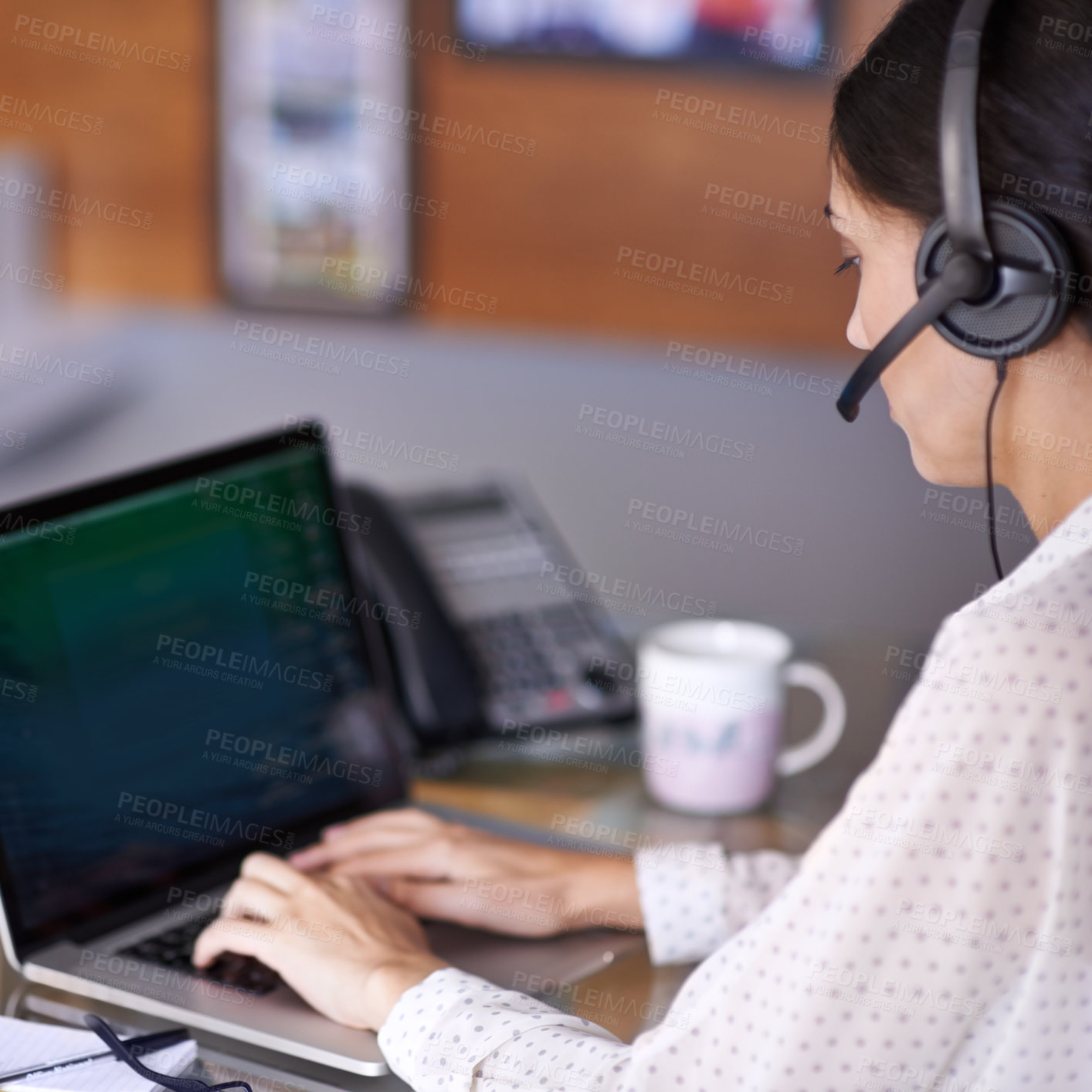 Buy stock photo Businesswomen, headset and phone call in office, virtual assistant and laptop for worker. Technology, computer or landline for female financial manager, online and keyboard working on client budget 