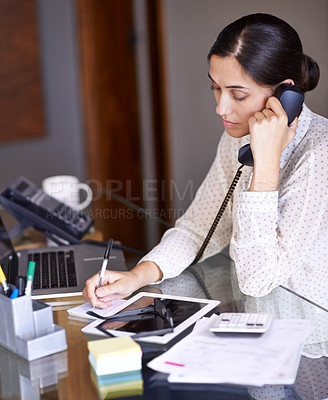 Buy stock photo Woman, desk and laptop with telephone, call and notes for booking with communication and work. Secretary, workspace and notepad for schedule, planning and solution for small business or startup