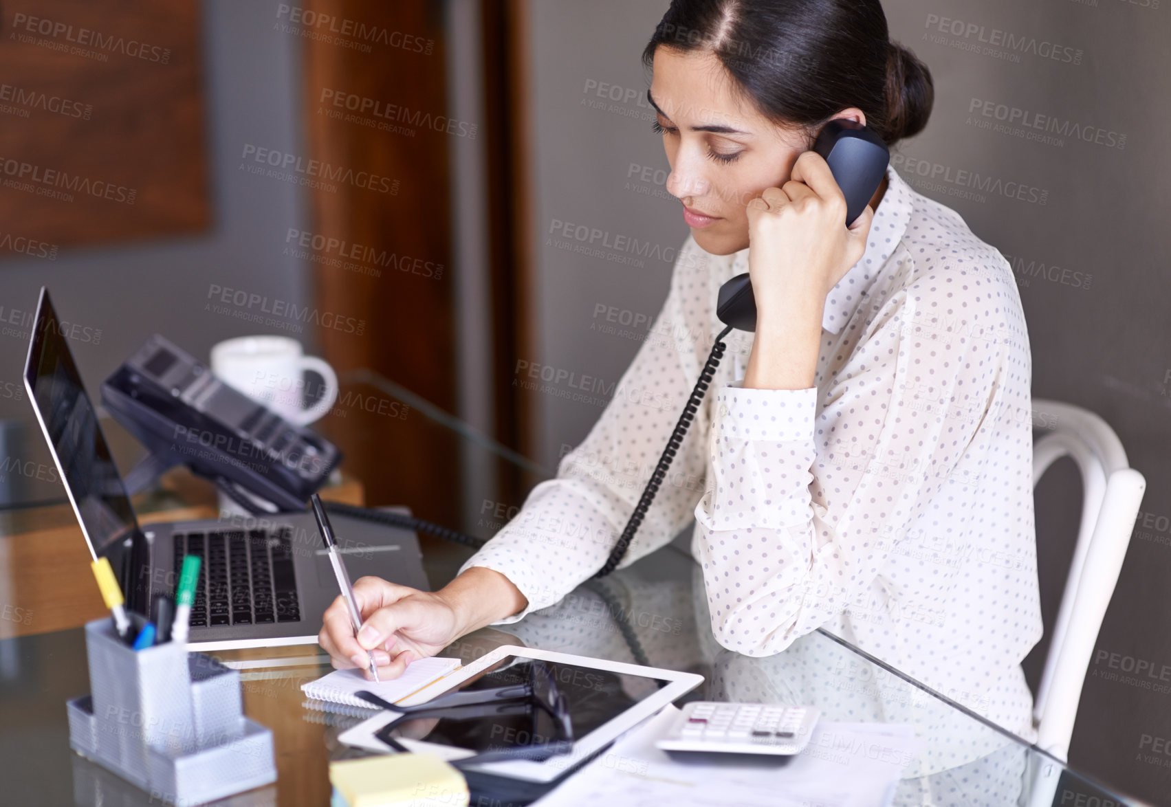 Buy stock photo Woman, desk and laptop with telephone, notepad and writing for call with communication and work. Secretary, workspace and notes for schedule, planning and solution for small business or startup
