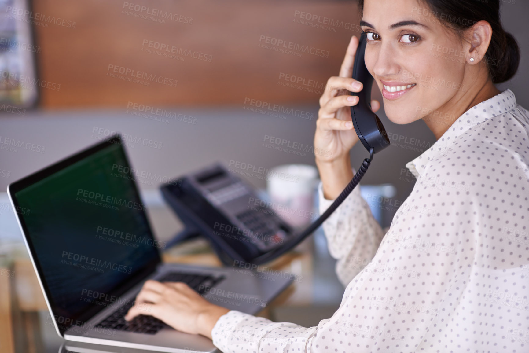 Buy stock photo Woman, phone call and laptop with telephone, portrait and smile for face with communication and work. Secretary, desk and notes for schedule, planning and solution for small business or startup