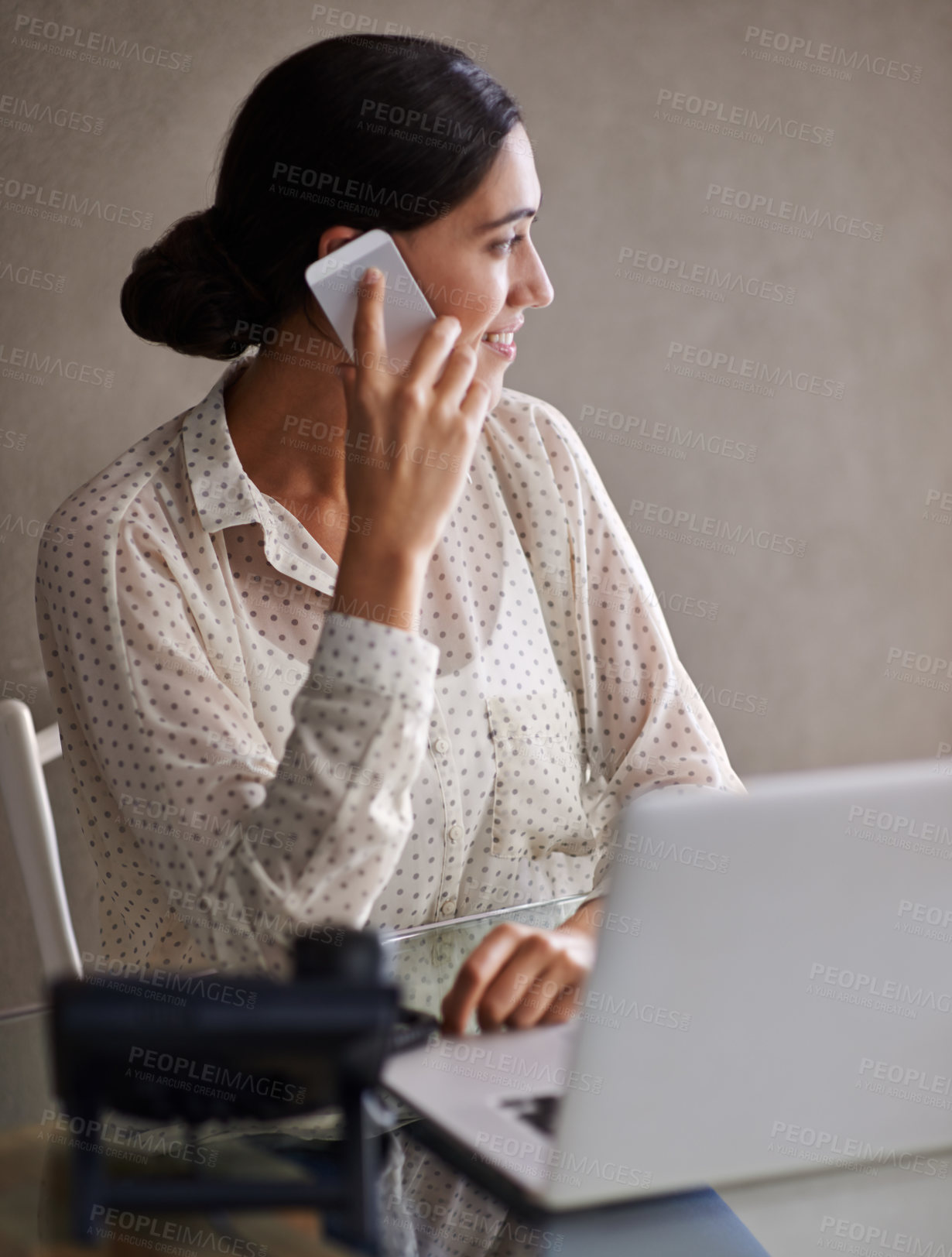 Buy stock photo Business, woman and phone call in office for conversation on work, communication and speaking for networking. Female person, talking and discussion on startup company with laptop for research.