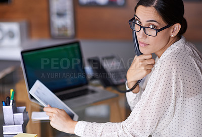 Buy stock photo Woman, tablet and laptop with telephone, portrait and glasses for call with communication and work. Secretary, workspace and notes for schedule, planning and solution for small business or startup